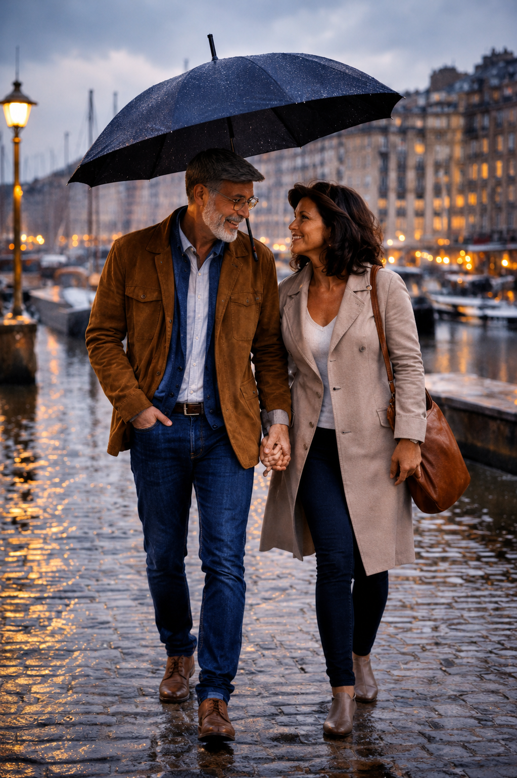 Couple marchant main dans la main sous un parapluie
